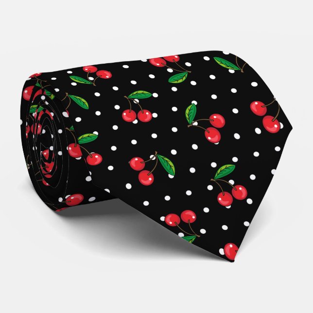 Rockabilly Red Cherries and Polka Dots Black Neck Tie (Rolled)