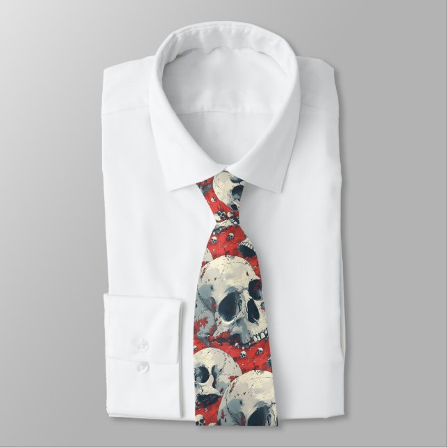 Rockabilly Red Skull Halloween Gothic Groomsman Neck Tie (Tied)