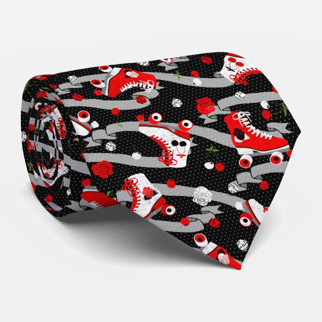 Rockabilly Retro Roller Skating Pattern Neck Tie (Rolled)