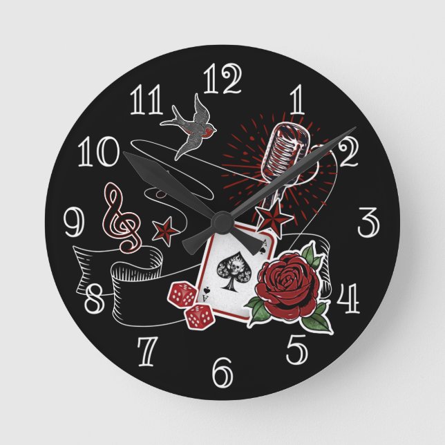 Rockabilly Rock & Roll Music Tattoo Microphone Round Clock (Front)