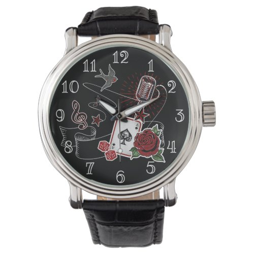 Rockabilly Rock  Roll Music Tattoo Microphone Watch