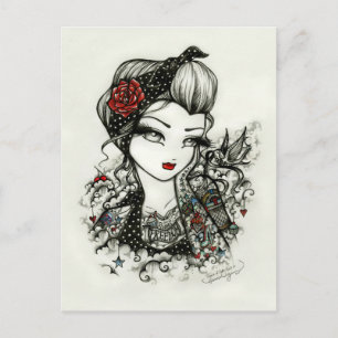 Rockabilly Tattoo Girl Sketch Rose Art Postcard