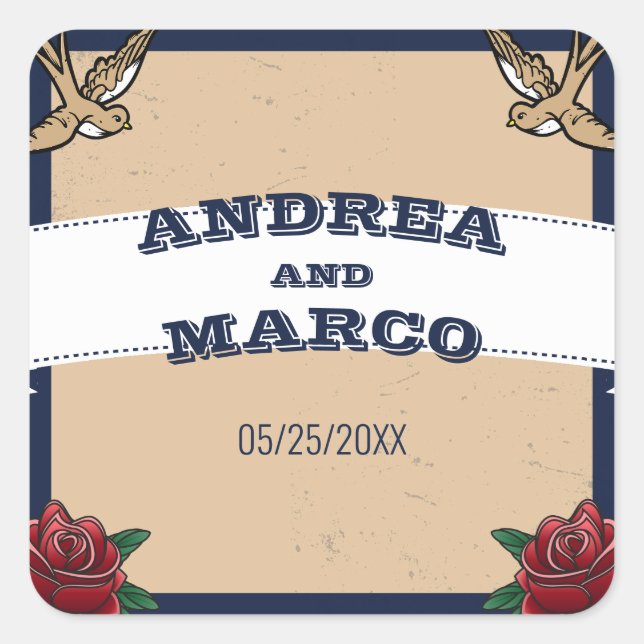 Rockabilly Tattoo Gothic Destination Wedding Square Sticker (Front)