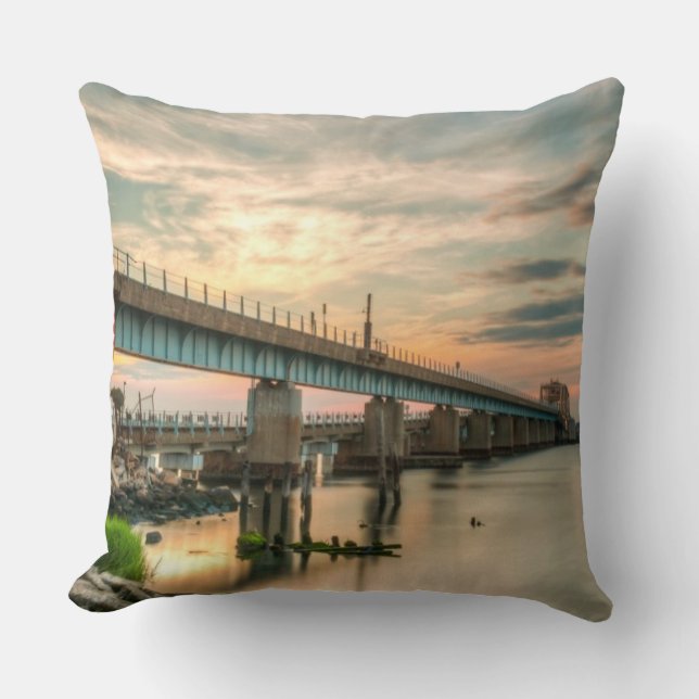 Rockaway Train Bridge Throw Pillow (Front)