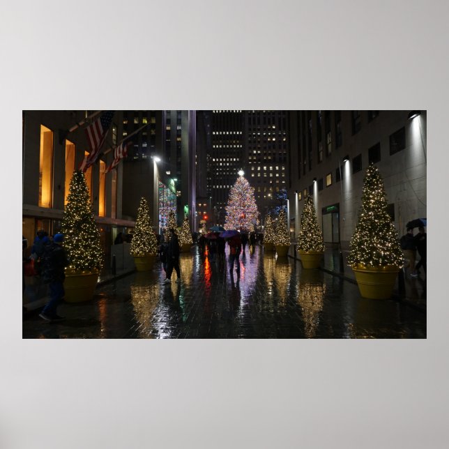 Rockefeller Center Christmas Tree in Reflection Poster (Front)