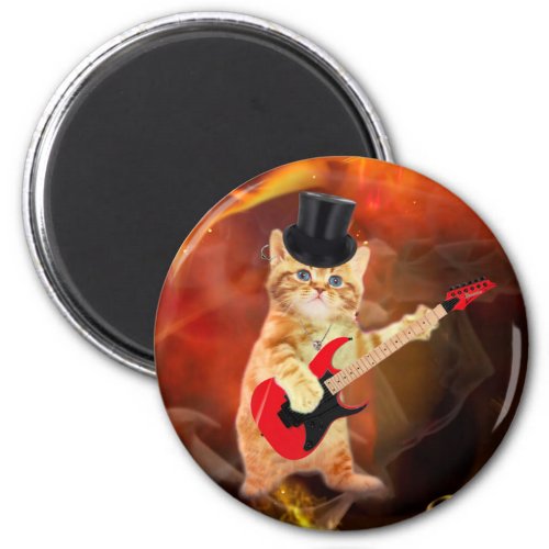 Rocker cat with top hat and guitar magnet