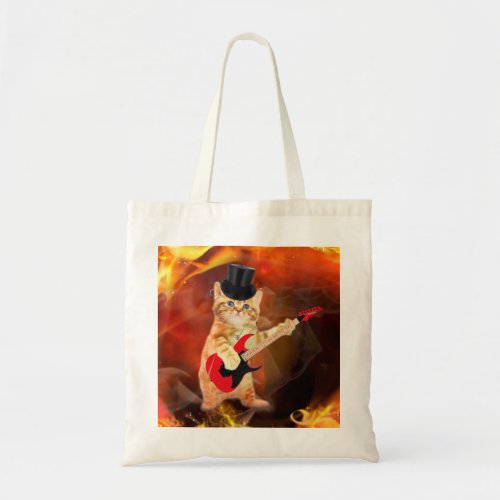 Rocker cat with top hat and guitar tote bag