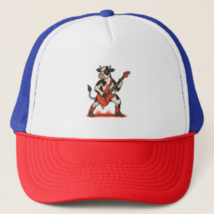 Rocker Cow PNG, Cow Playing Guitar Trucker Hat