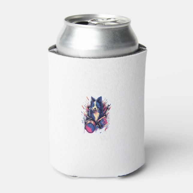 Rocker Drumming Border Collie Dog Drummer Can Cooler (Can Front)