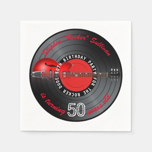 Rocker Dude Guitar Record 50th Birthday Party Paper Napkins