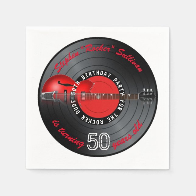 Rocker Dude Guitar Record 50th Birthday Party Paper Napkins (Front)