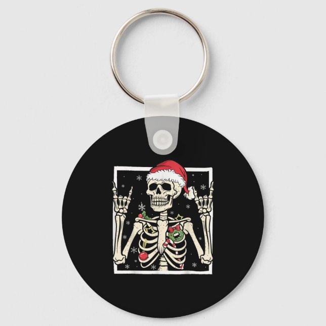 Rocker Skeleton Santa Hat Cool Christmas Punk Rock Keychain (Front)
