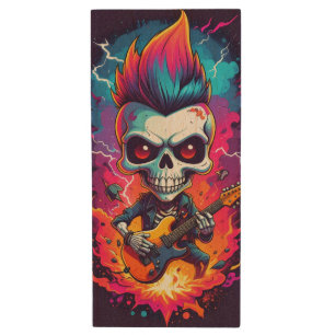 Rocker Skull with Mohawk Wood Flash Drive