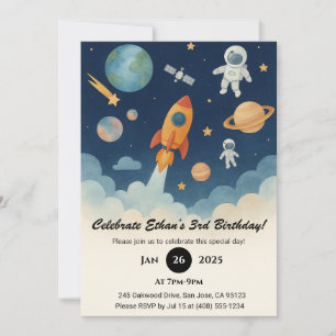 Rocket and Astronaut Space Adventure Birthday Invitation