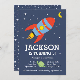 Rocket and Moon Space-themed Birthday Invitation