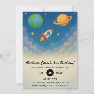 Rocket and Planets in Colorful Space Birthday Invitation
