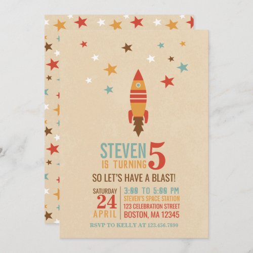 Rocket and Stars Space theme Birthday Party Invitation