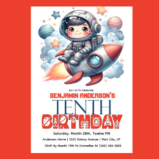 Rocket Astronaut Boy's 10th Birthday Invitation
