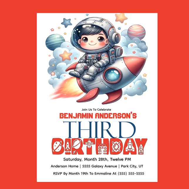 Rocket Astronaut Boy's 3rd Birthday Invitation (Space astronaut boy riding rocket 3rd birthday party invitation with planets and stars
)