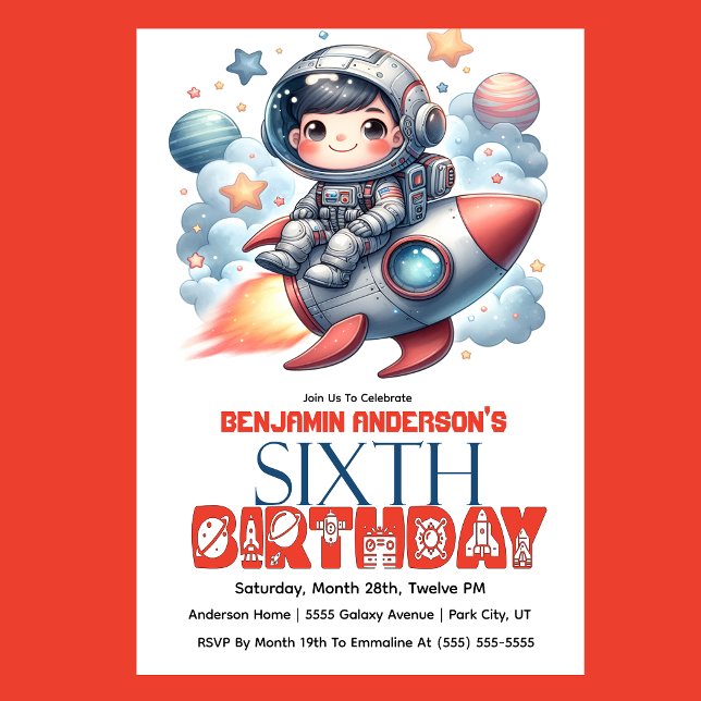 Rocket Astronaut Boy's 6th Birthday Invitation (Space astronaut boy riding rocket 6th birthday party invitation with planets and stars
)