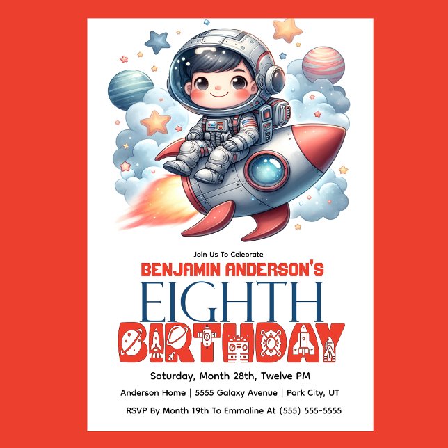 Rocket Astronaut Boy's 8th Birthday Invitation (Space astronaut boy riding rocket 8th birthday party invitation with planets and stars
)