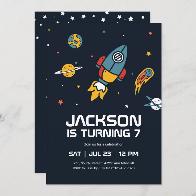 Rocket Astronaut Outer Space Galaxy Kids Birthday Invitation (Front/Back)