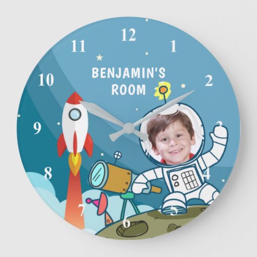 Rocket Astronaut Space Suit Custom Photo Kids Room Large Clock