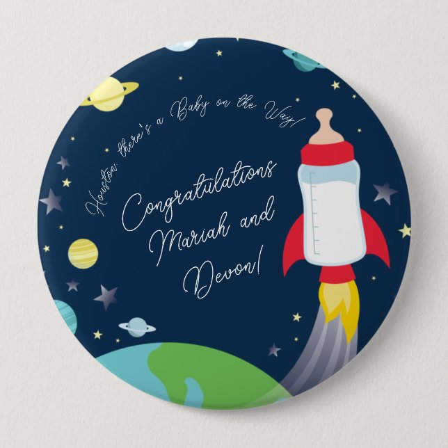 Rocket Baby Shower Bottle Spaceship Outer Space Button (Front)