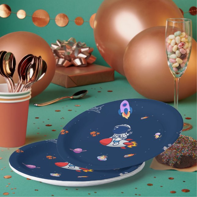 Rocket Balloons - Space Themed Birthday Party Paper Plates (Multi)