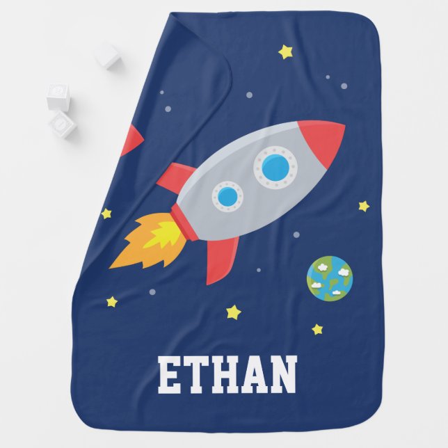 Rocket Blast Off Among Planet and Stars Baby Blanket (In Situ)