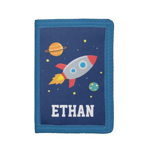 Rocket Blast Off Among Planet and Stars Kids Trifold Wallet