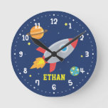 Rocket Blast Off Outer Space, Kids Room Decor Round Clock at Zazzle