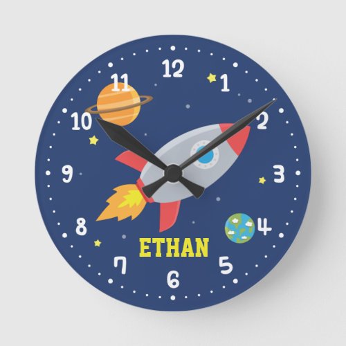 Rocket Blast Off Outer Space Kids Room Decor Round Clock