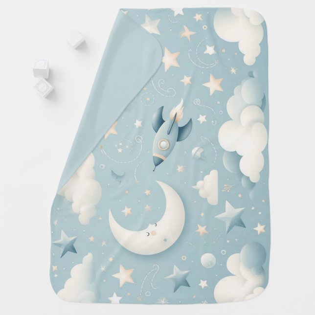 Rocket, Clouds, Stars and the Moon Baby Blanket (In Situ)