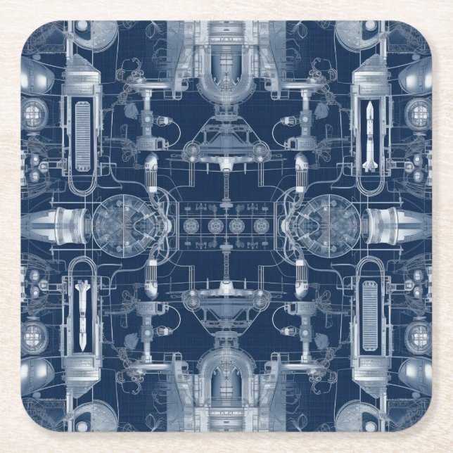 Rocket Design Blueprints Technical Drawing Square Paper Coaster (Front)