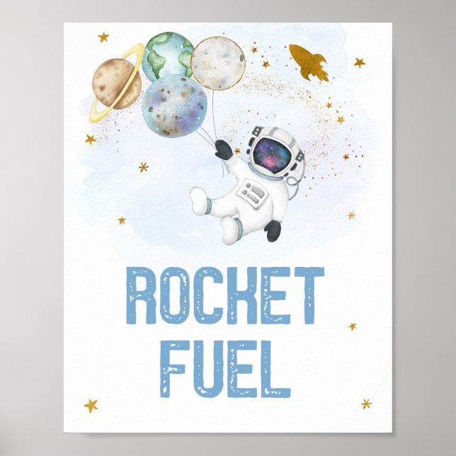 Rocket Fuel Astronaut Blue Gold Space Birthday Poster (Front)