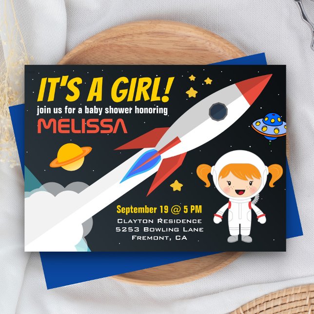 Rocket Girl Outer Space Baby Shower Invitation (Creator Uploaded)