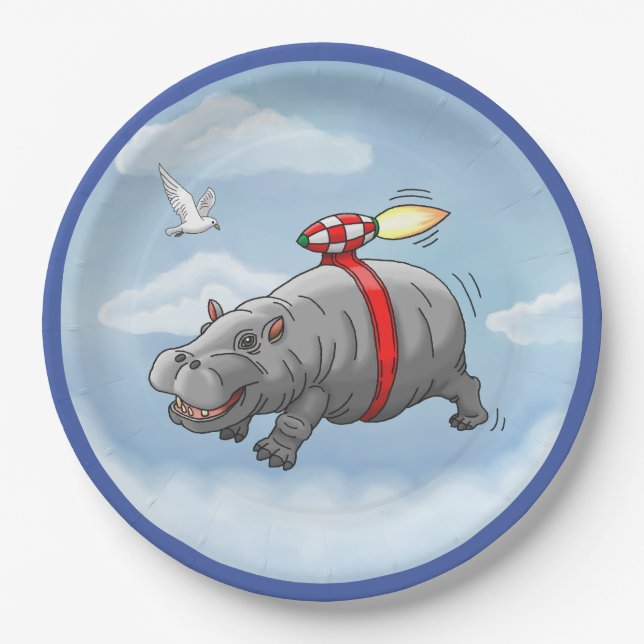 Rocket Hippo Birthday Paper Plates (Front)