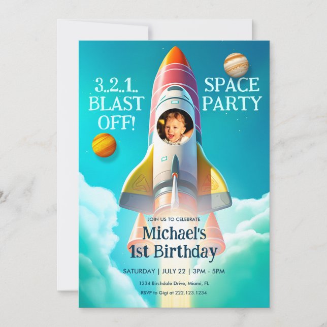 Rocket in Sky Space Theme Birthday Invitation (Front)