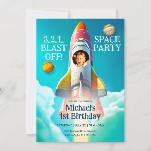 Rocket in Sky Space Theme Birthday Invitation