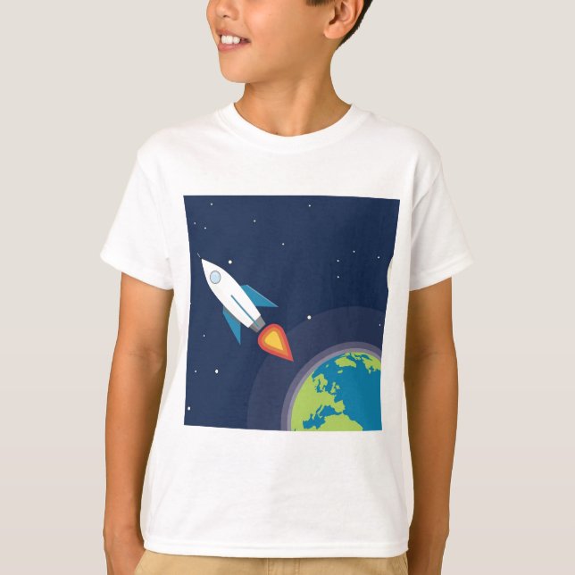 Rocket In Space Moon Earth Graphic Design T-Shirt (Front)