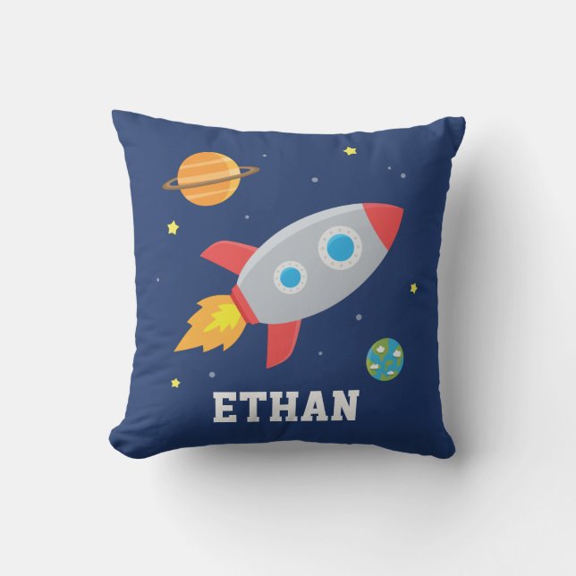 Rocket in Space, Planet and Stars, Nursery Throw Pillow (Front)