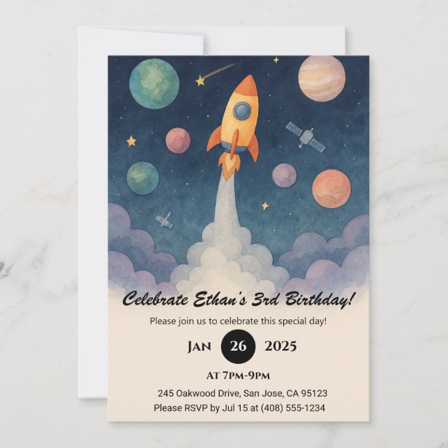 Rocket in Starry Galaxy Scene Birthday  Invitation (Front)