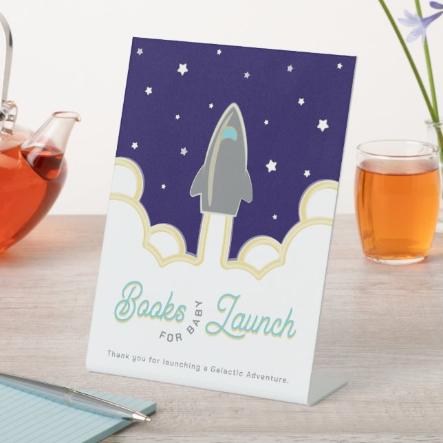 Rocket Launch Books for Baby Gray & Blue Pedestal Sign (In SItu)