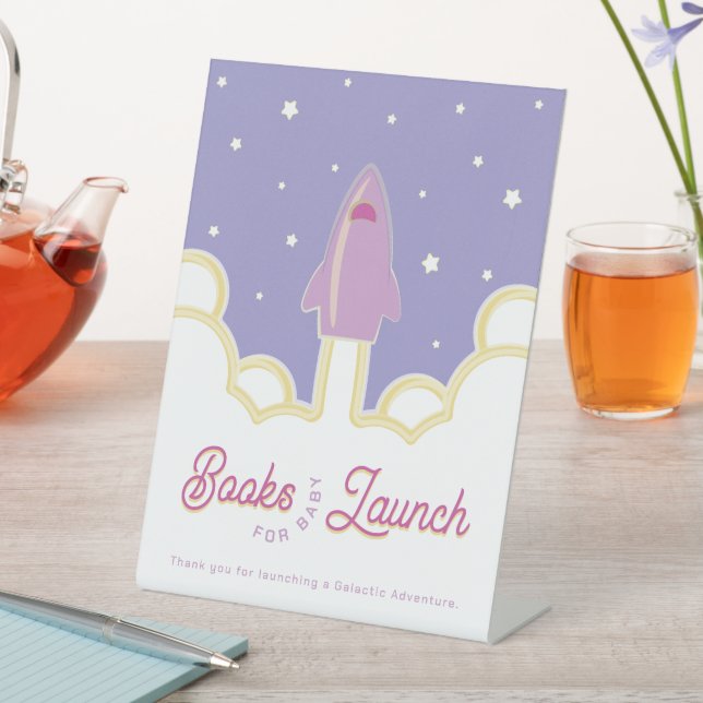 Rocket Launch Books for Baby Purple Pedestal Sign (In SItu)