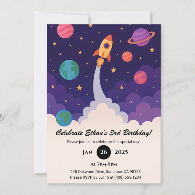 Rocket Launch & Outer Space Cartoon Birthday  Invitation (Front)