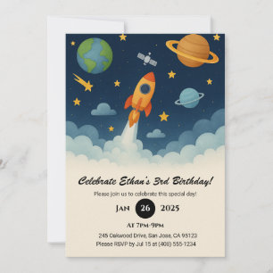 Rocket Launch & Planet Adventure Space Birthday Invitation