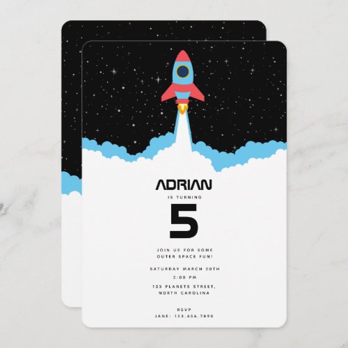 Rocket Launching in Outer Space Birthday Invitation