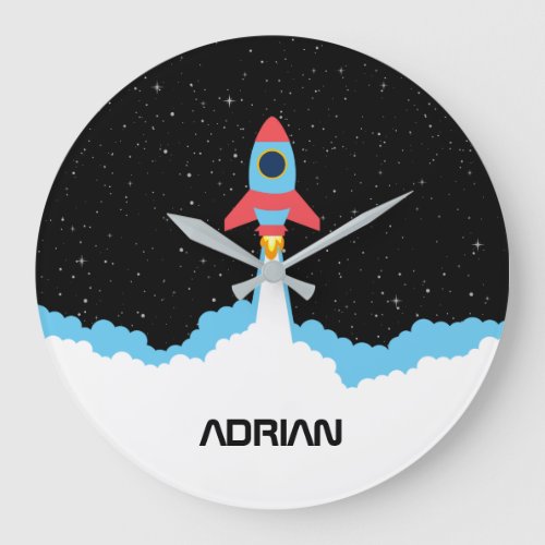 Rocket Launching in Outer Space Custom Name  Large Clock
