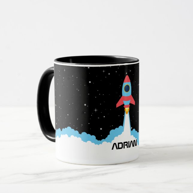 Rocket Launching in Outer Space Custom Name Mug (Front Left)